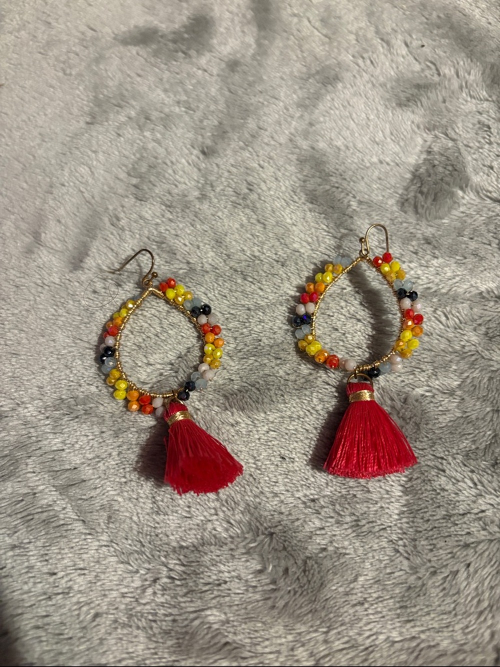Beaded Hoop Earrings with Red Tassel - Multicolor